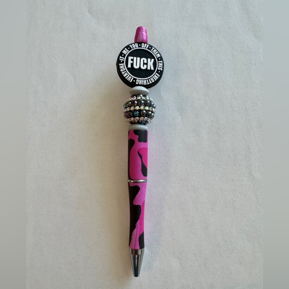 Handmade Plastic Ballpoint Pen Pink Camouflage Beaded F@$& Topper